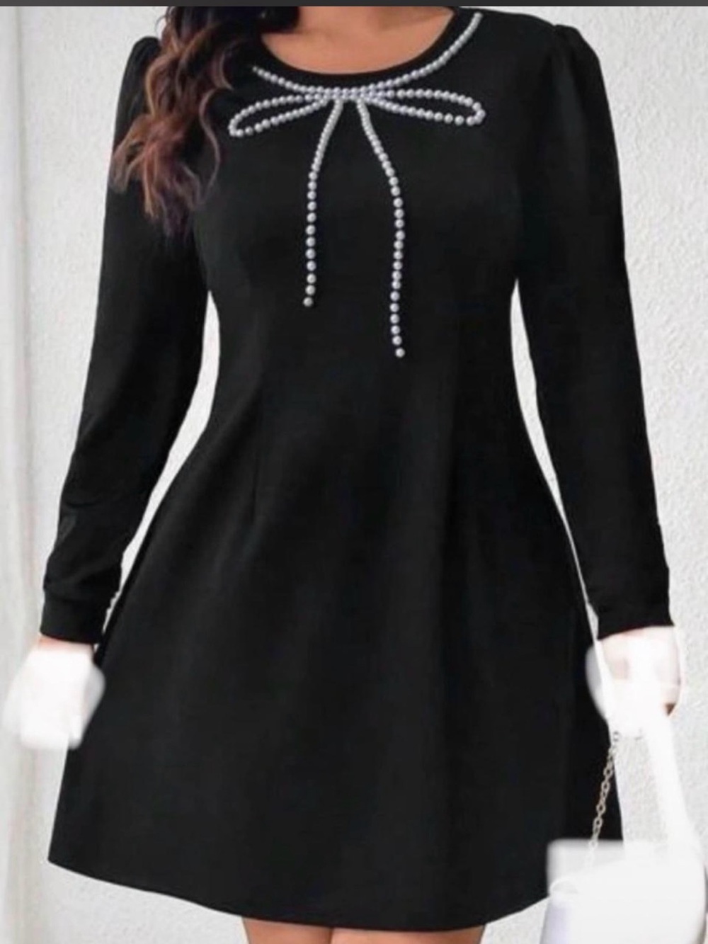 SHEIN Black Long Sleeve A-Line Dress with Pearl Bow Trim